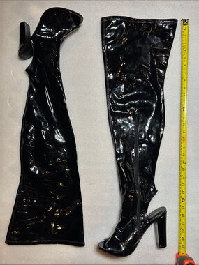 BAMBOO Black Patent Over-the-Knee Peep-Toe Boots Sz 19